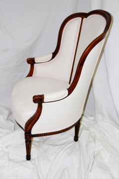 French Louis XVI Style Carved Beechwood Bergère Chair in Cream Colored Linen
