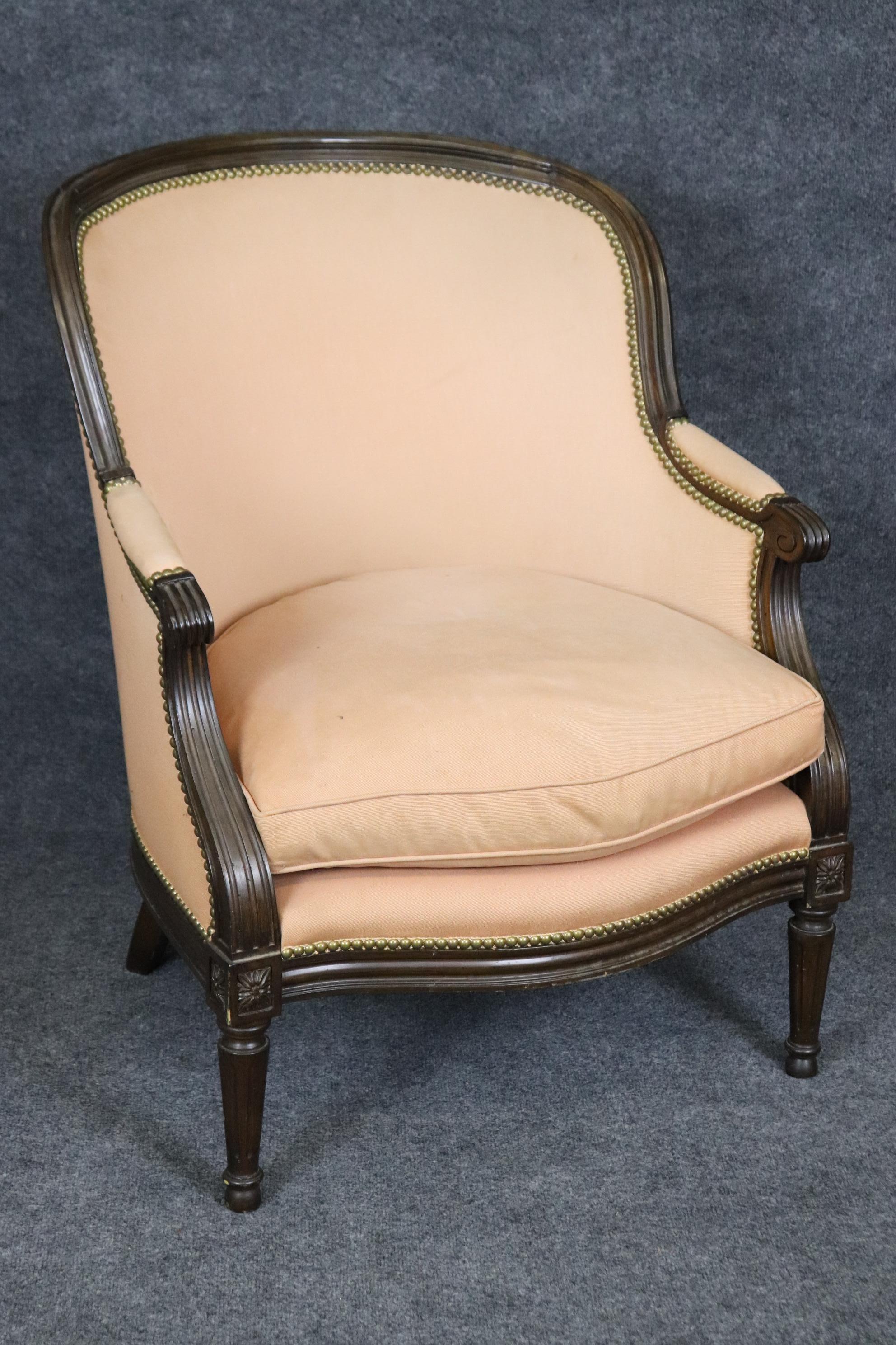 Dimensions: Height: 34 3/4in Width: 28in Depth: 28in Seat Height: 18in 

This vintage Louis XVI style upholstered bergere chair is made of the highest quality and is perfect for you and your home! If you look at the photos provided, you will see the