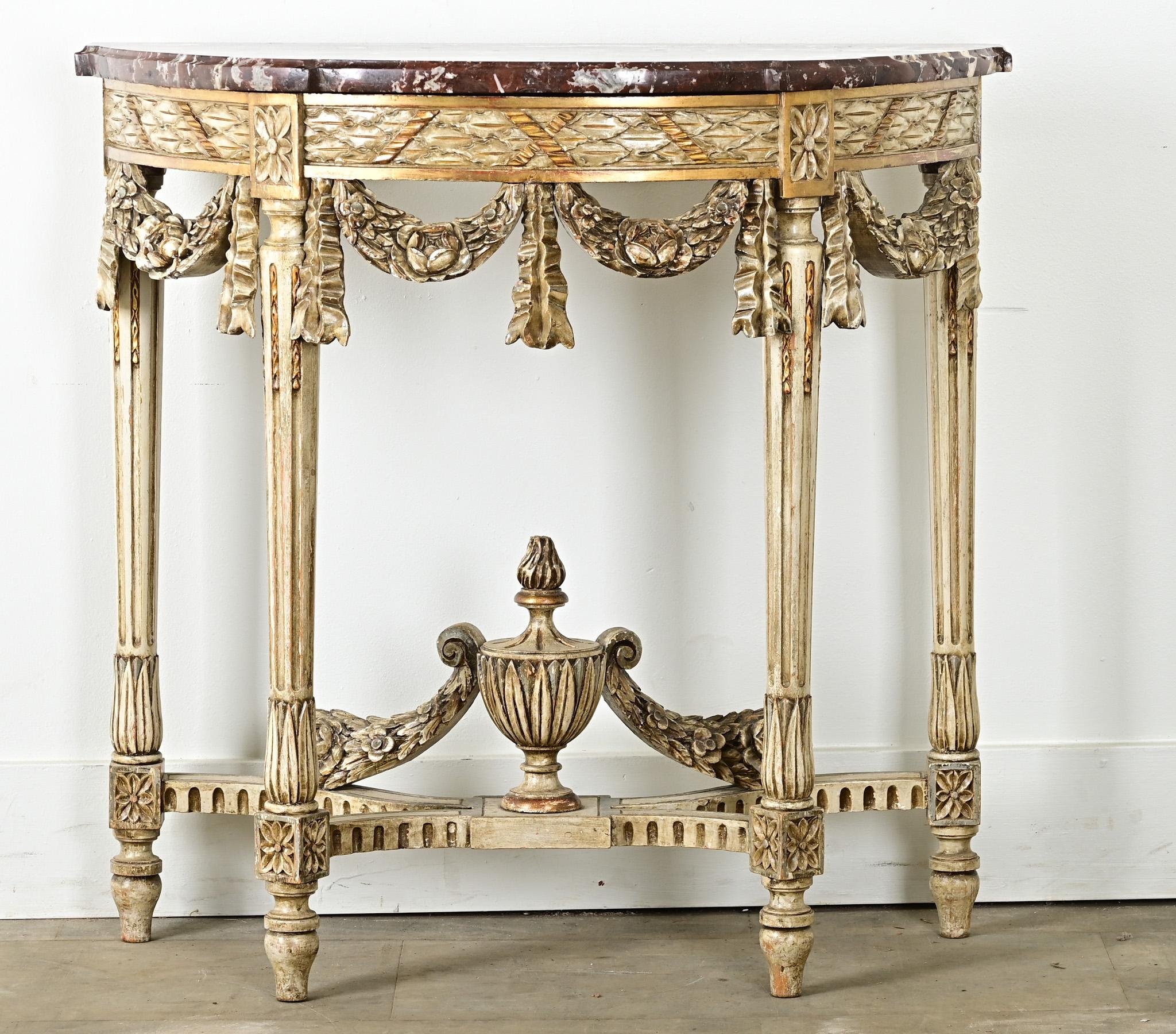 Hand-Carved French Louis XVI Style Carved Demilune Console For Sale
