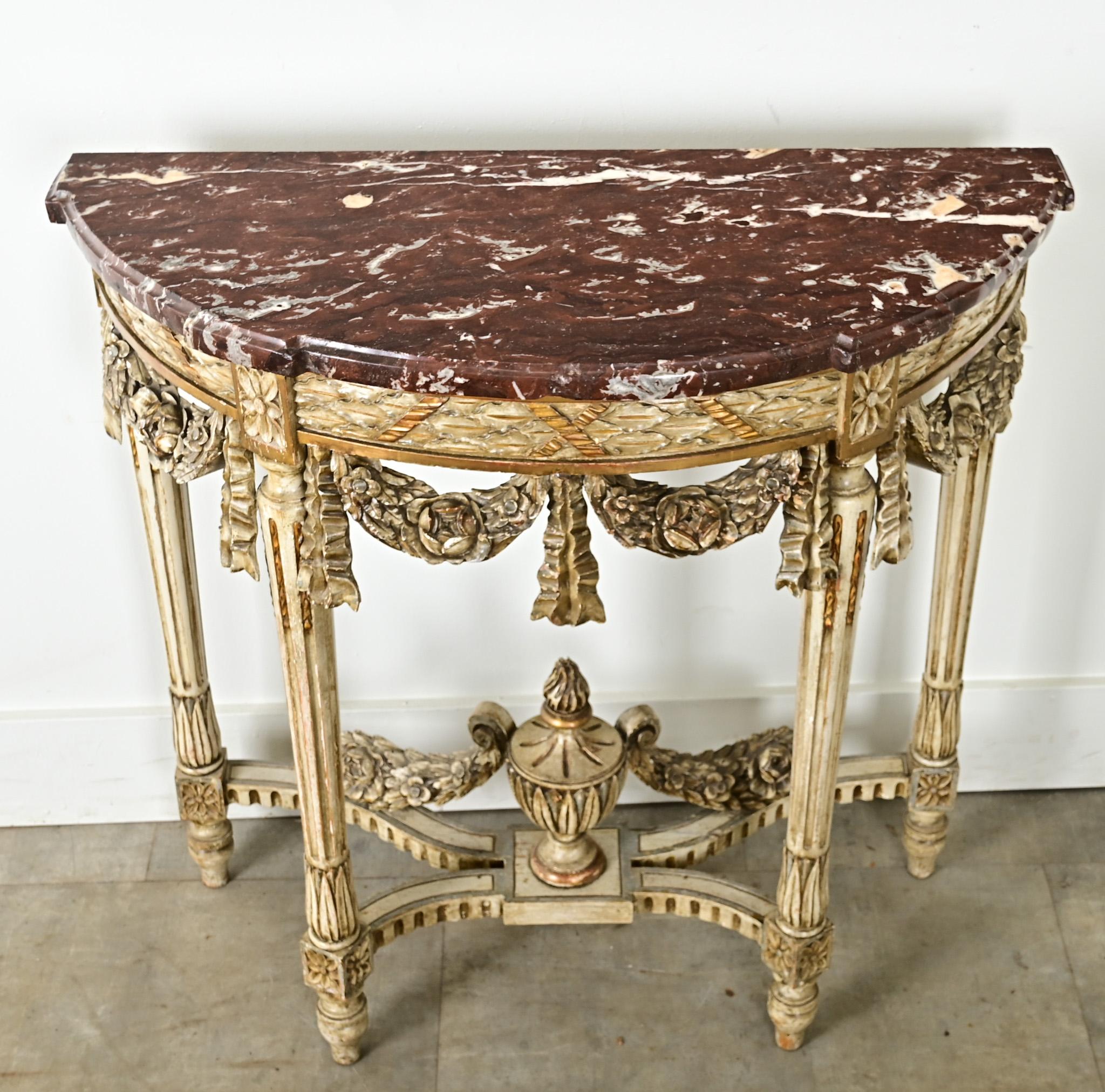 French Louis XVI Style Carved Demilune Console In Good Condition For Sale In Baton Rouge, LA