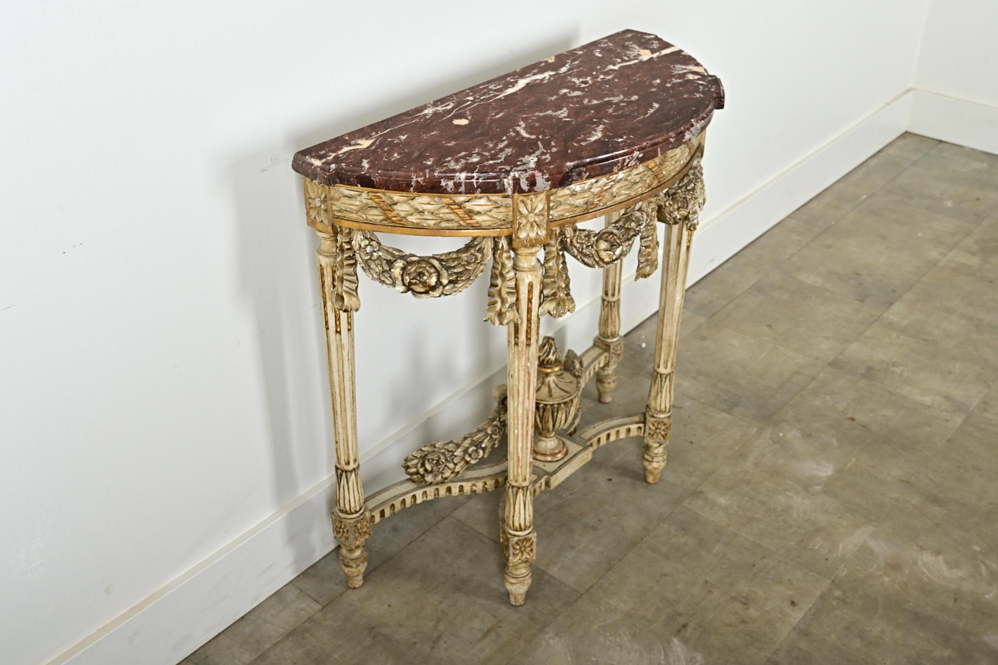 Marble French Louis XVI Style Carved Demilune Console For Sale