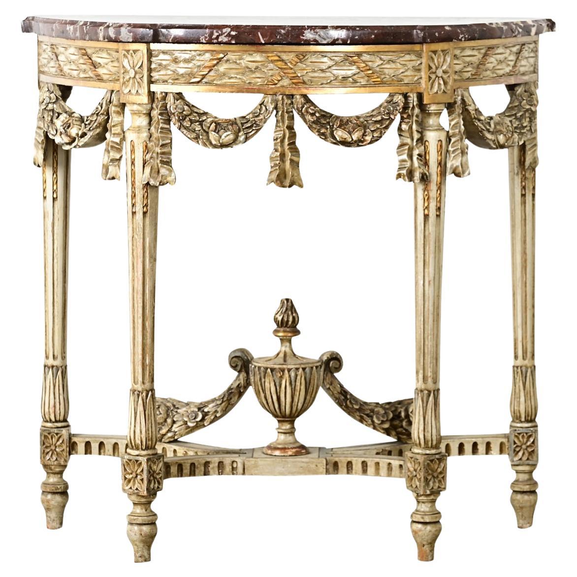 Console Demilune francese intagliata in stile Luigi XVI