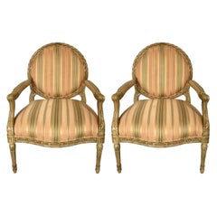 Vintage French Louis XVI Style Carved Fauteuil Bergère Armchairs by Henredon, Pair