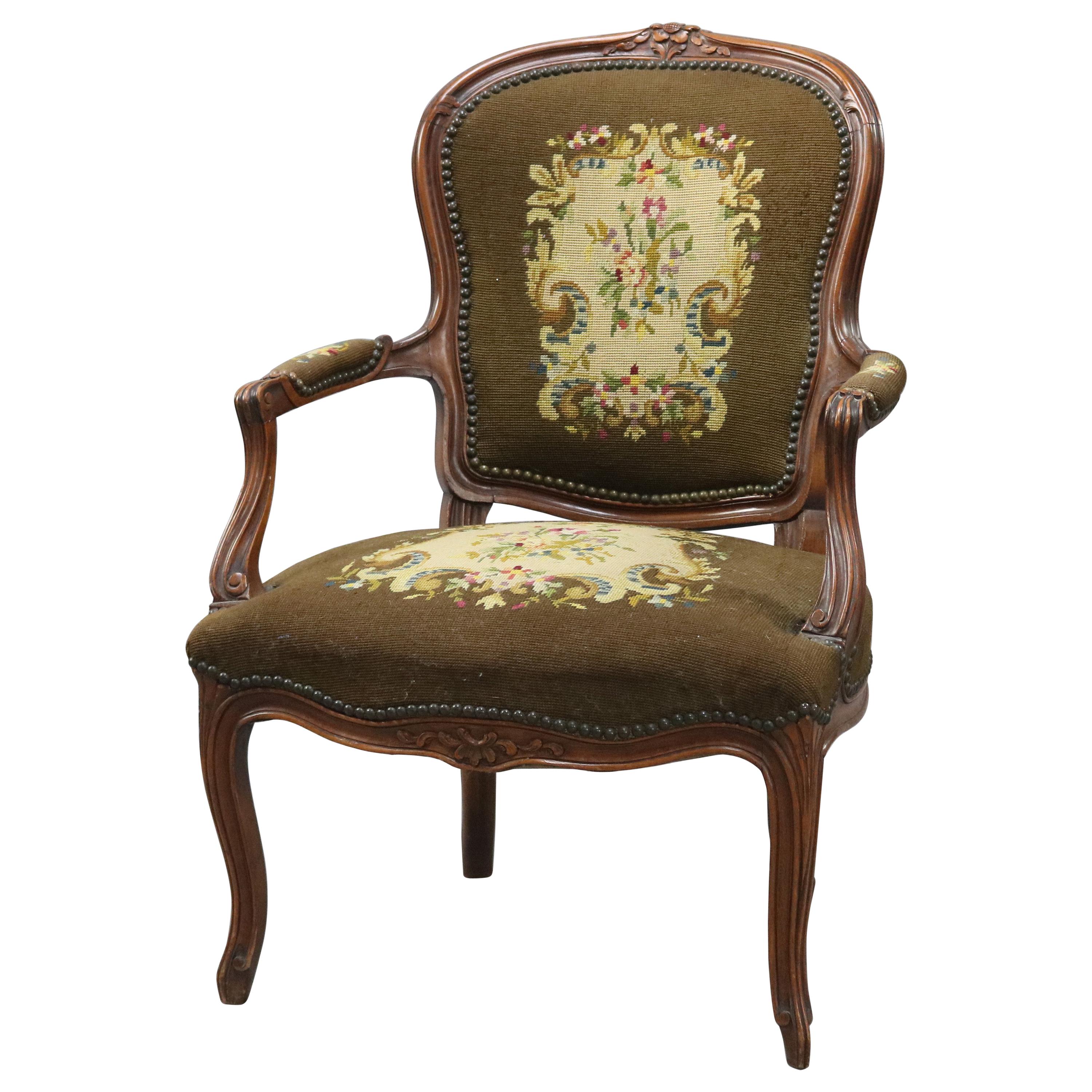 French Louis XVI Style Carved Fruitwood and Needlepoint Armchair, circa 1900