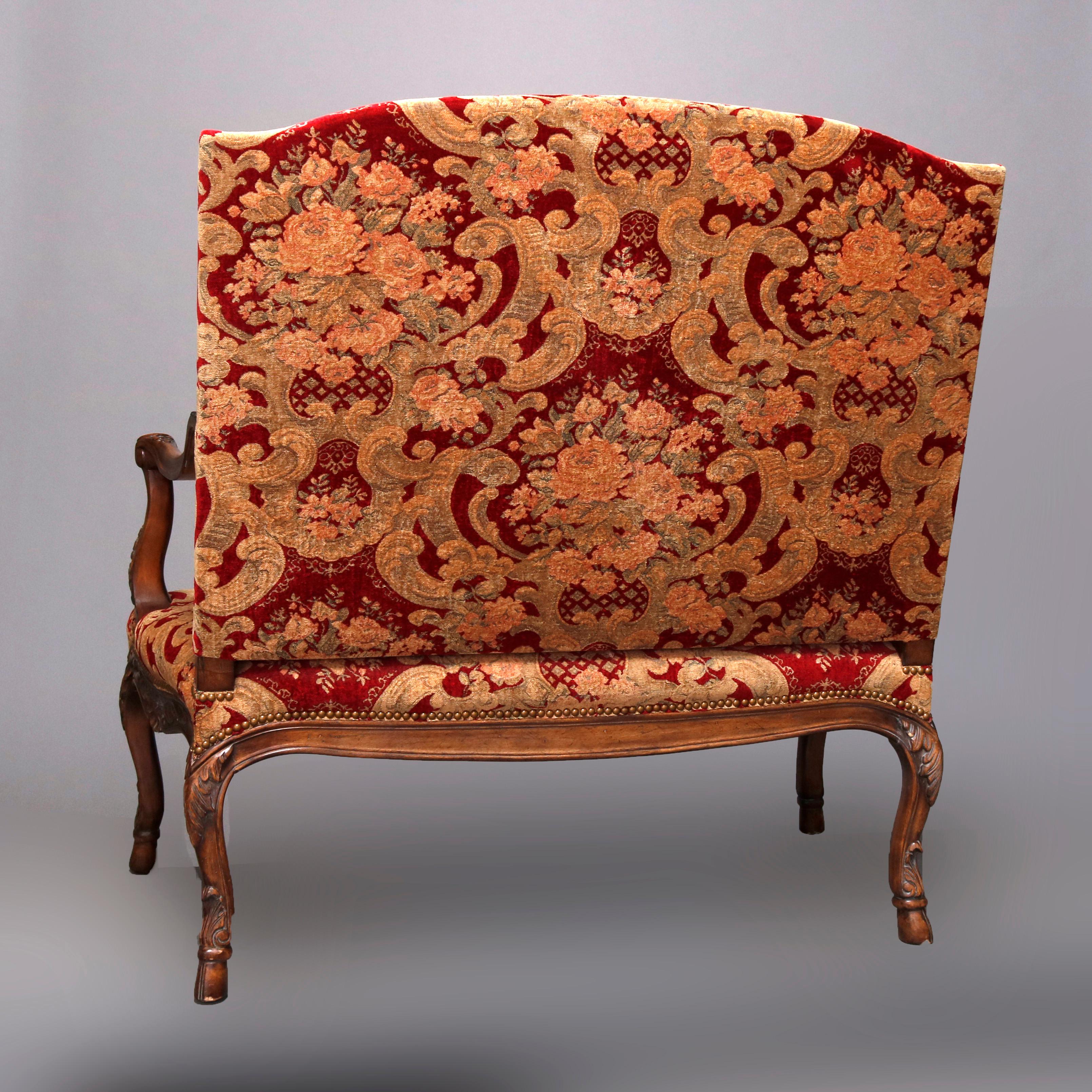 French Louis XVI Style Carved Fruitwood Upholstered High Back Settee 2