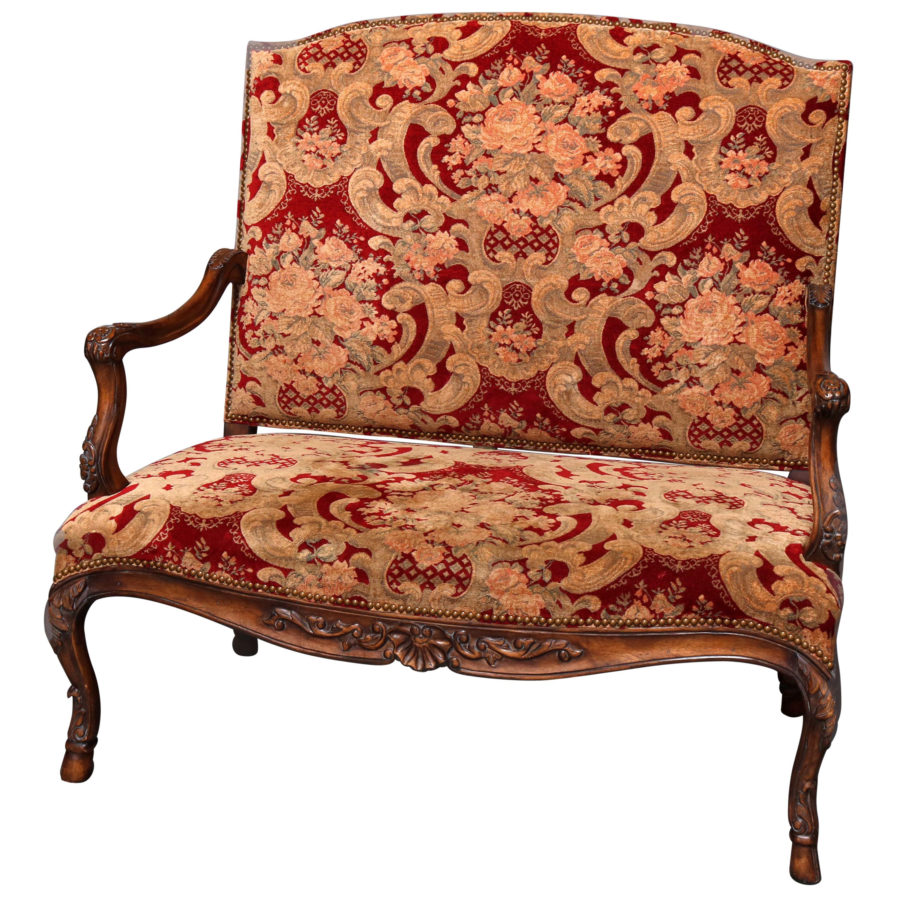 French Louis XVI Style Carved Fruitwood Upholstered High Back Settee