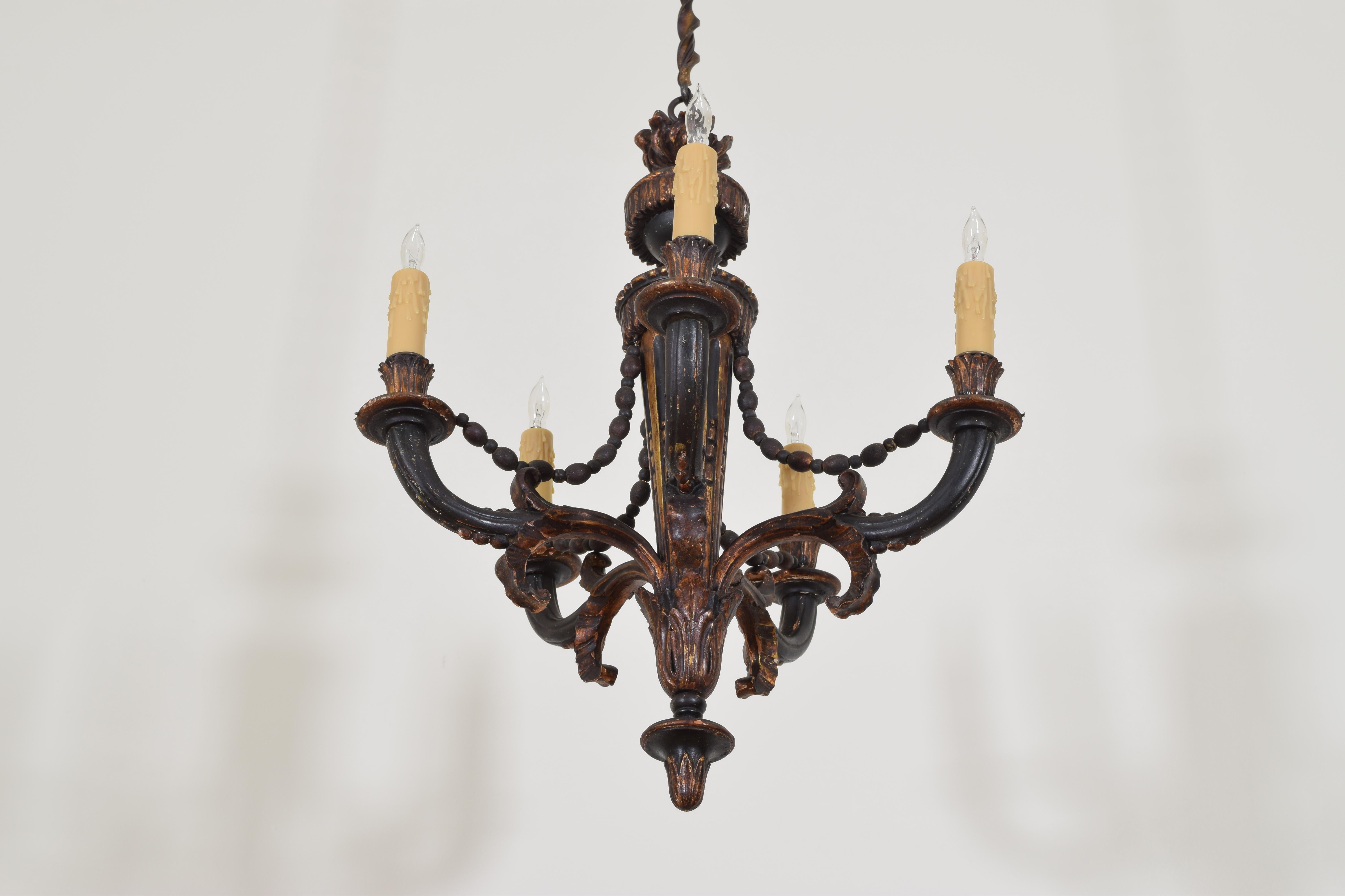 Wood French Louis XVI Style Carved Giltwood and Painted 5-Light Chandelier