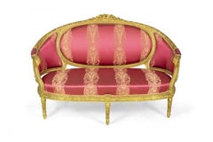 Französisch Louis XVI Stil geschnitzt Giltwood und rosa Damast gepolstert Salon Set