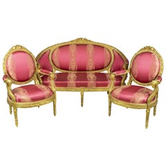 French Louis XVI Style Carved Giltwood and Pink Damask Upholstered Salon Set