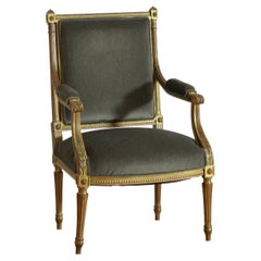 French Louis XVI Style Carved Giltwood and Upholstered Fauteuil, Late 19th Cent.