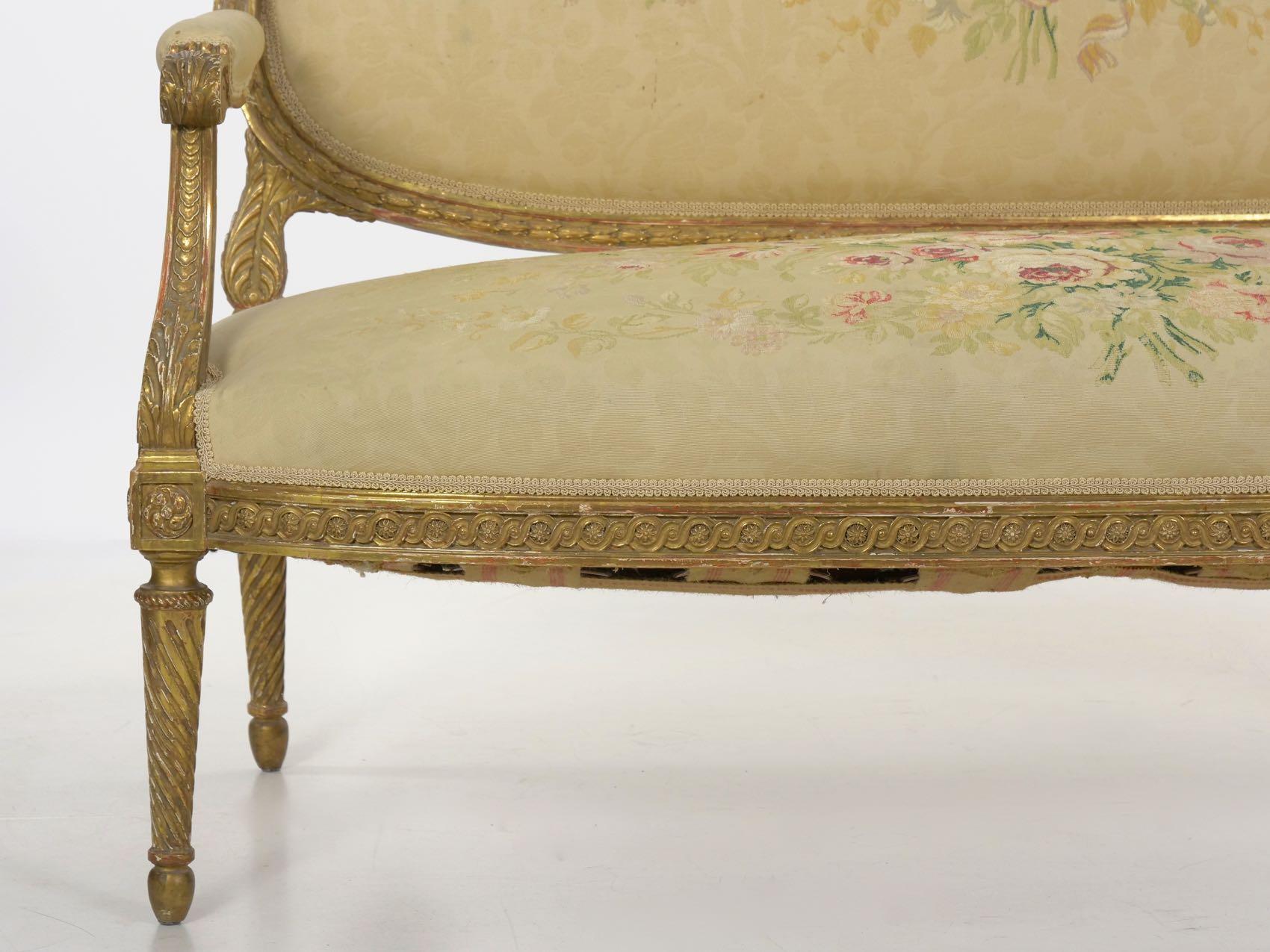 French Louis XVI Style Carved Giltwood Antique Settee Loveseat Sofa 20th Century 2