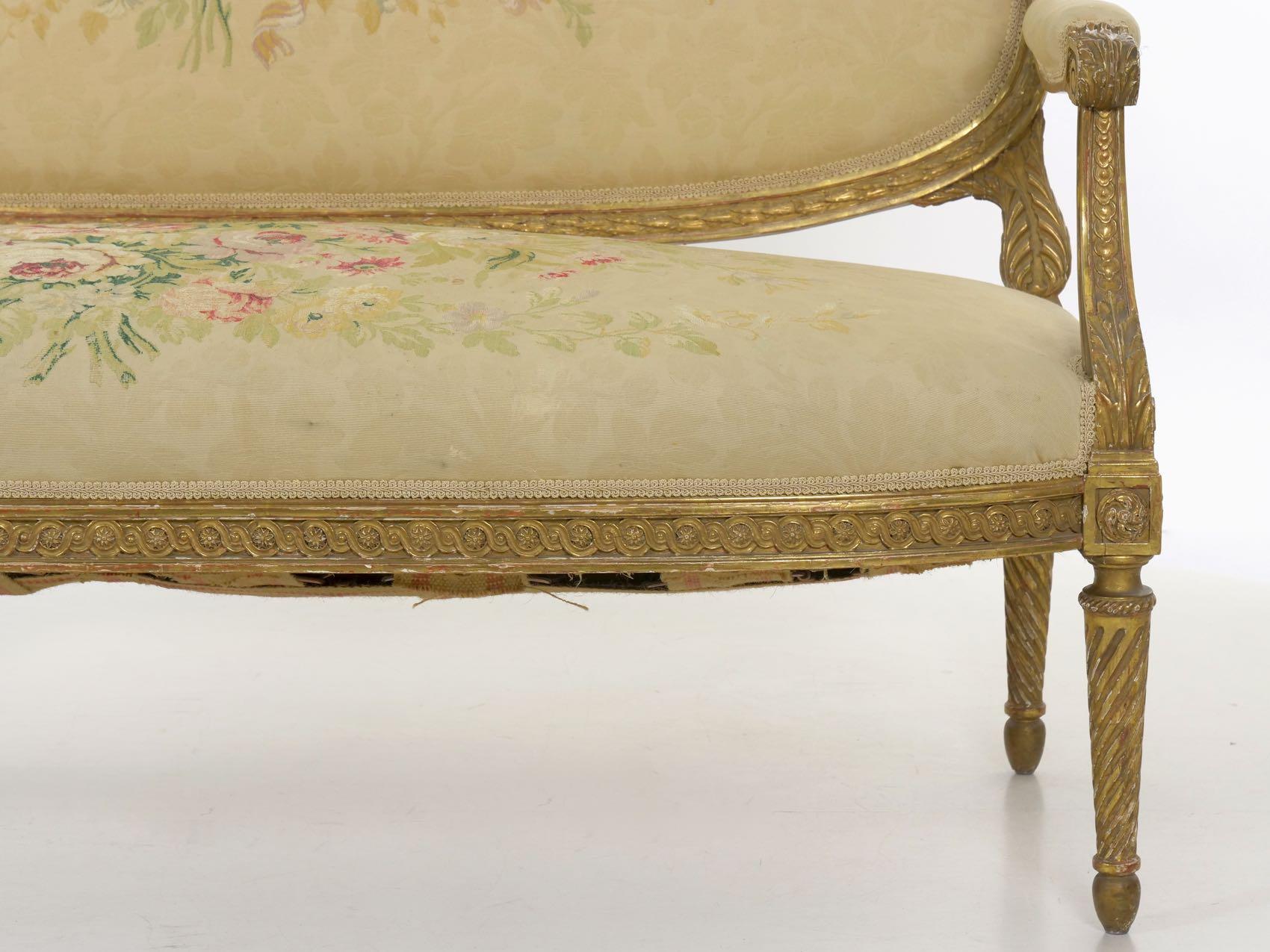 French Louis XVI Style Carved Giltwood Antique Settee Loveseat Sofa 20th Century 3
