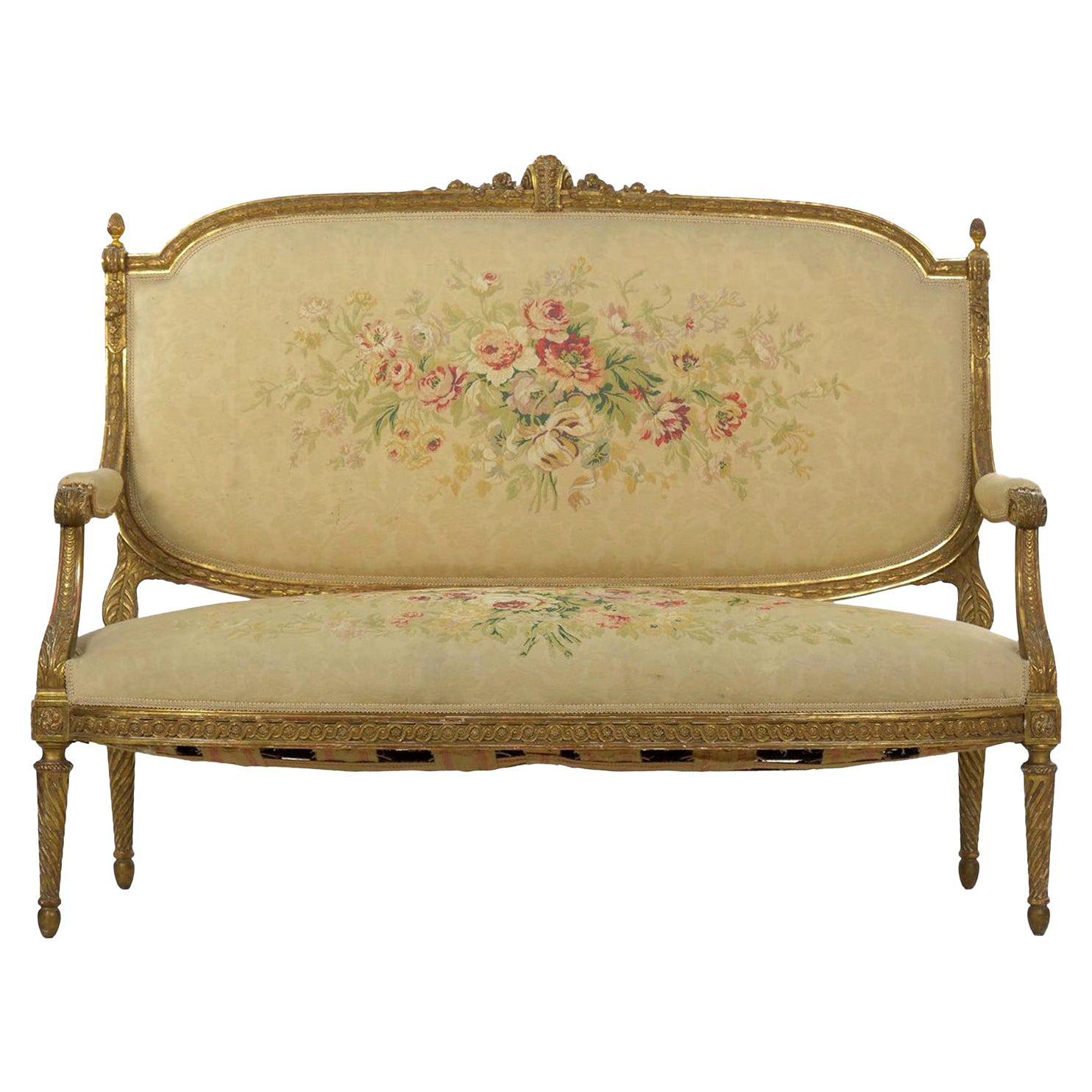 French Louis XVI Style Carved Giltwood Antique Settee Loveseat Sofa 20th Century