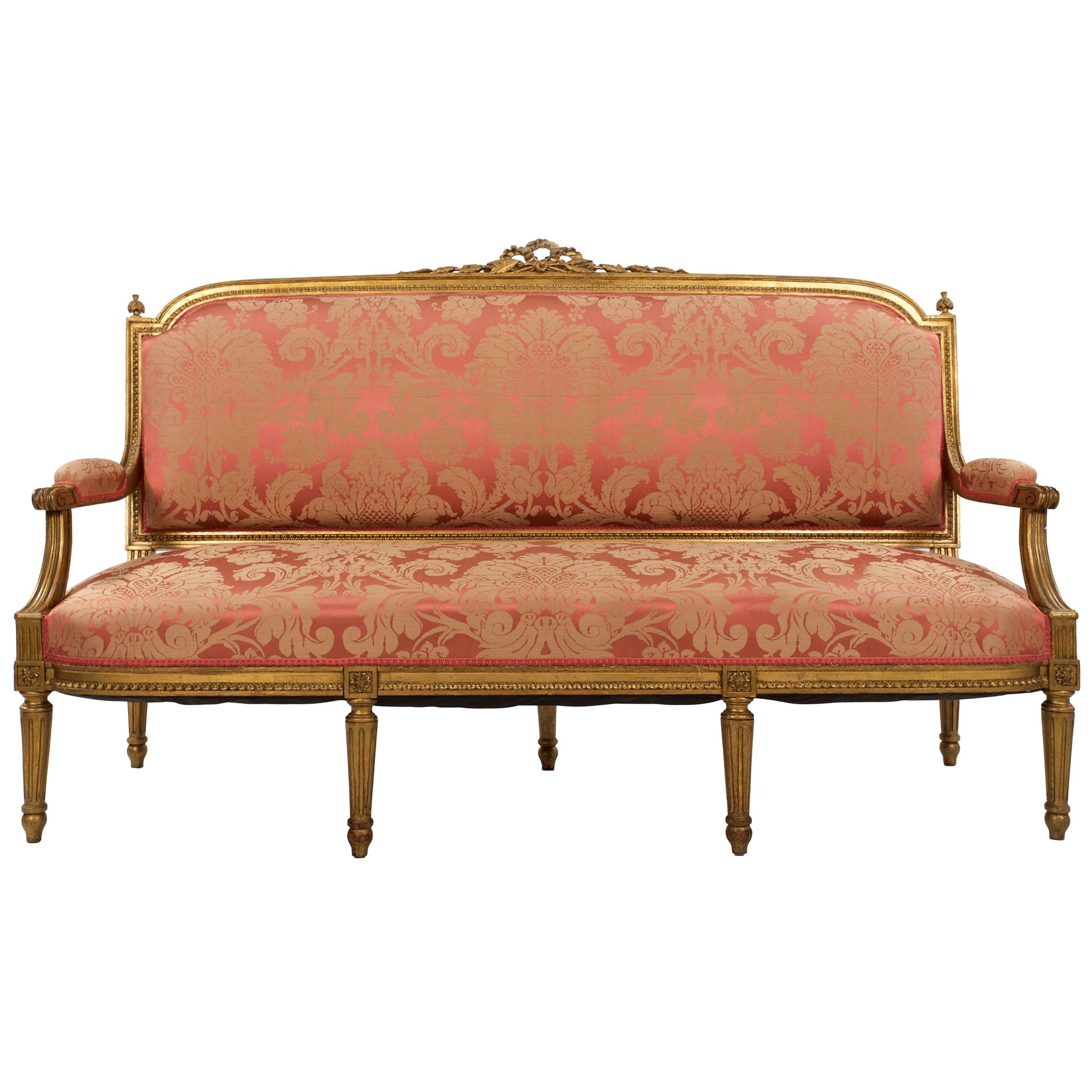 French Louis XVI Style Carved Giltwood Antique Settee Sofa