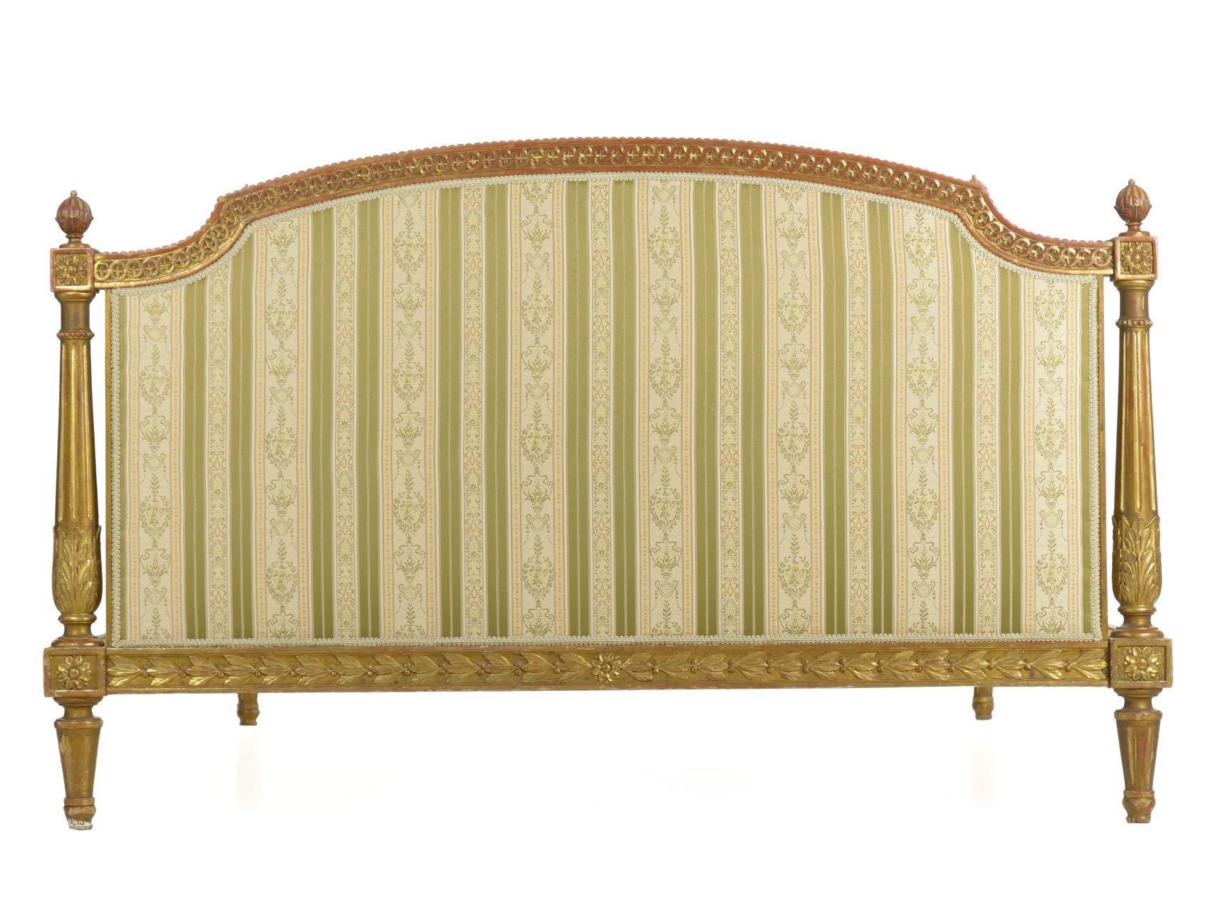 Fabric French Louis XVI Style Carved Giltwood Bed Frame with Rails, circa 1900