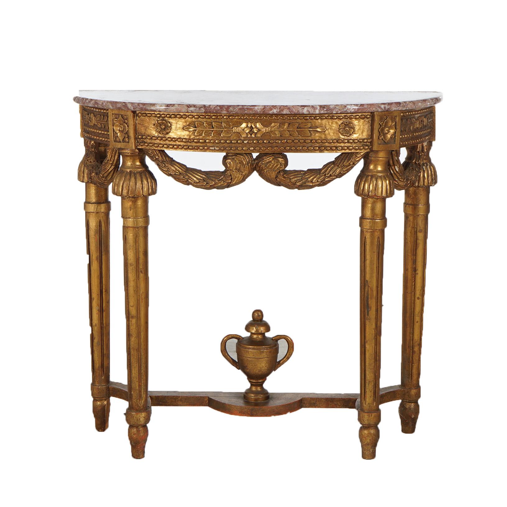 French Louis XVI Style Carved Giltwood & Marble Demilune Console Table, 20thC 6