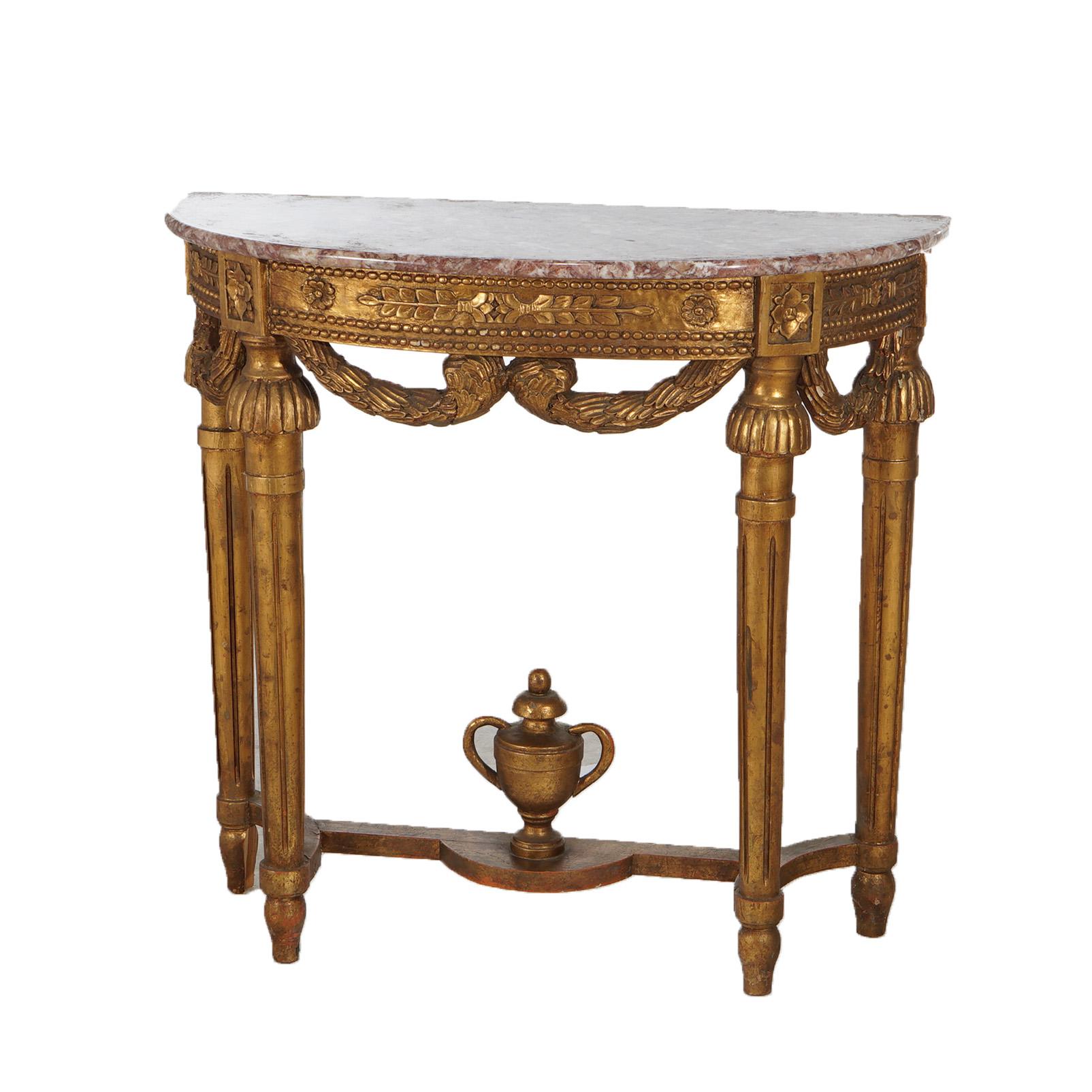 French Louis XVI Style Carved Giltwood & Marble Demilune Console Table, 20thC In Good Condition In Big Flats, NY