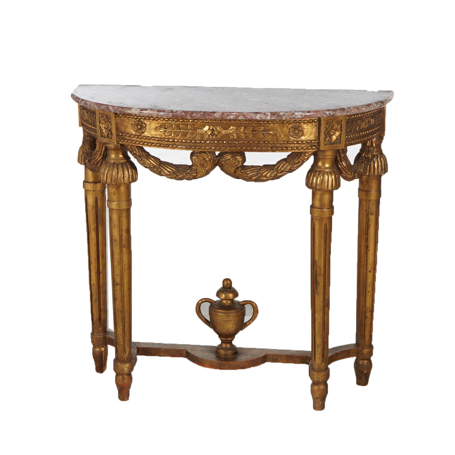 20th Century French Louis XVI Style Carved Giltwood & Marble Demilune Console Table, 20thC