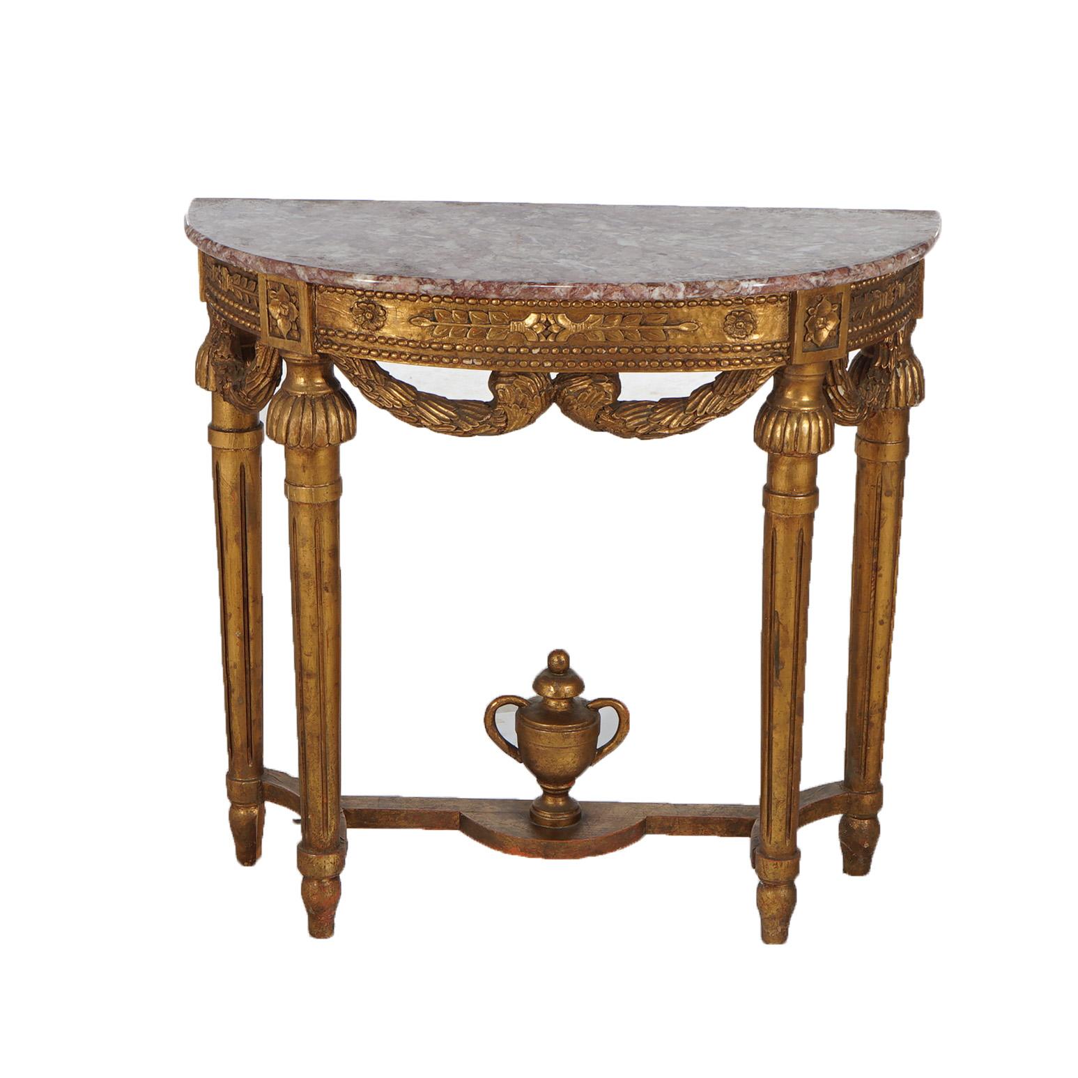 French Louis XVI Style Carved Giltwood & Marble Demilune Console Table, 20thC 1