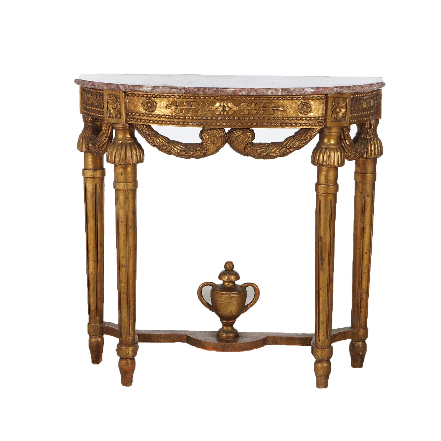 French Louis XVI Style Carved Giltwood & Marble Demilune Console Table, 20thC 2