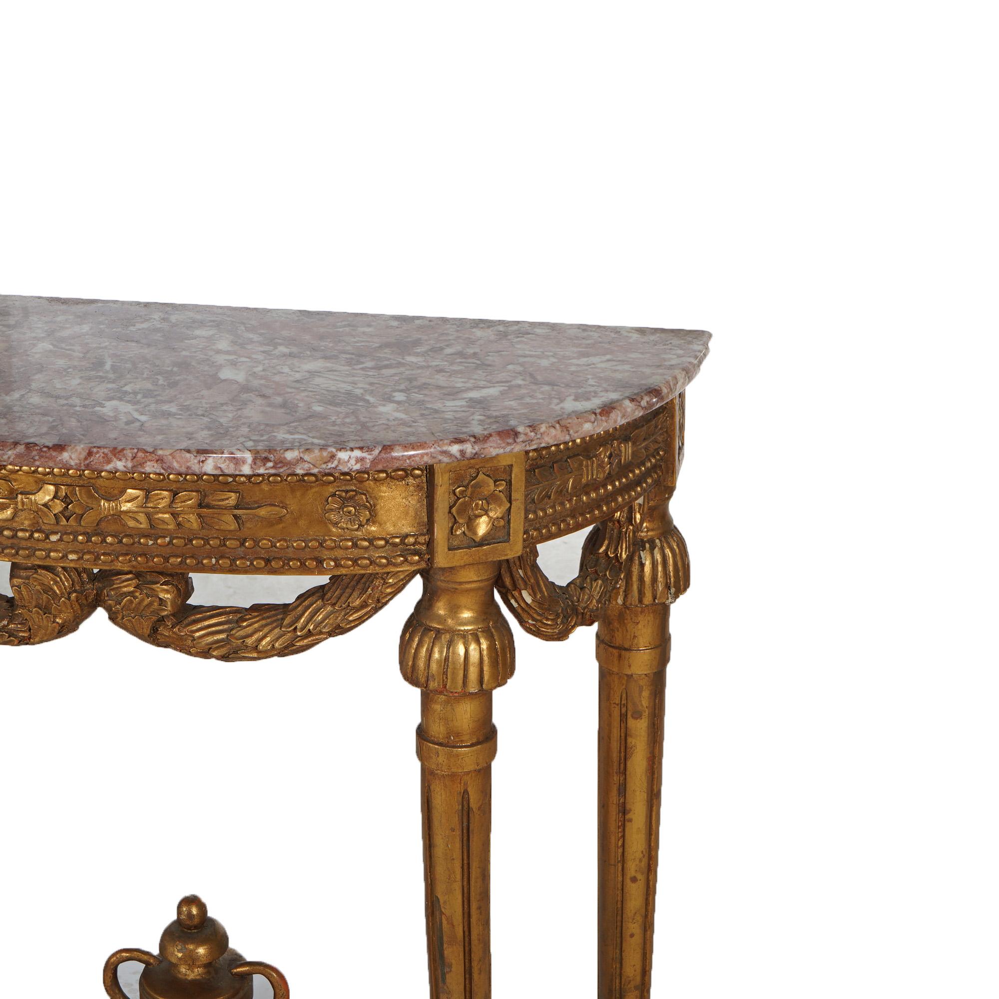 French Louis XVI Style Carved Giltwood & Marble Demilune Console Table, 20thC 3