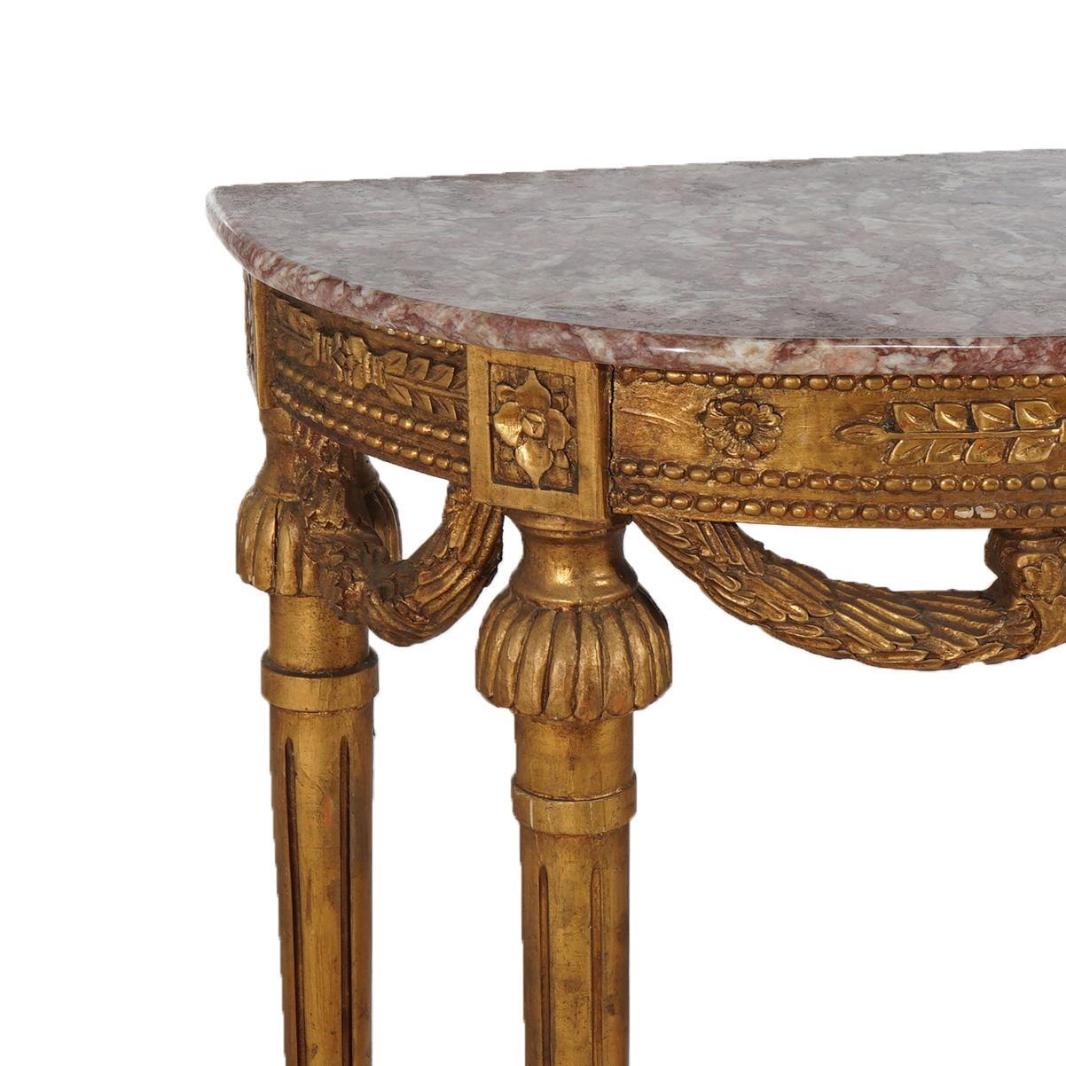 French Louis XVI Style Carved Giltwood & Marble Demilune Console Table, 20thC 4