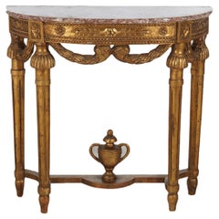 French Louis XVI Style Carved Giltwood & Marble Demilune Console Table, 20thC