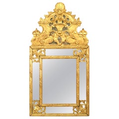 Antique French Louis XVI Style Carved Giltwood Shell Pediment Wall Mirror