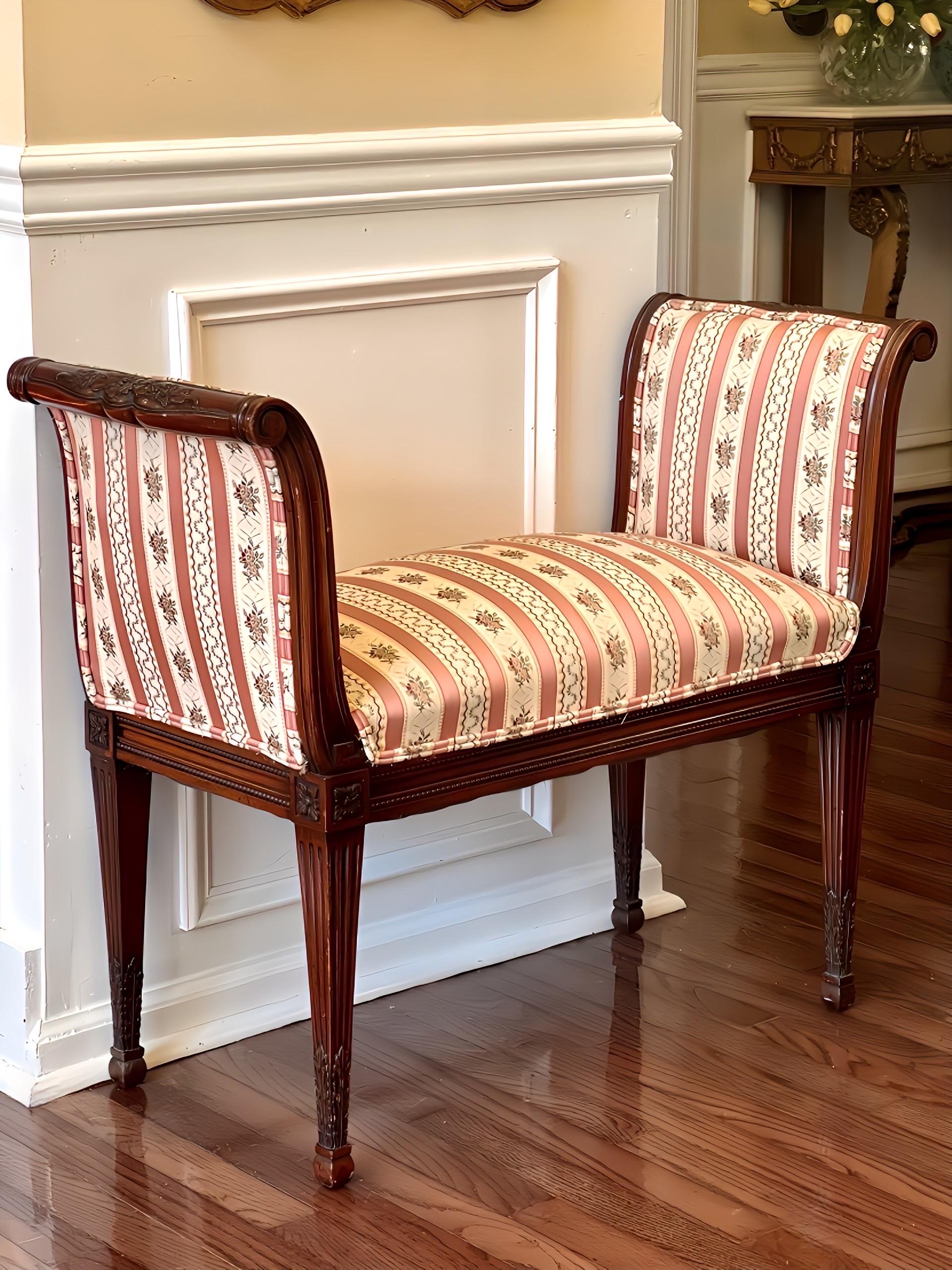 French Louis XVI Style Carved Mahogany Upholstered Bench For Sale 12