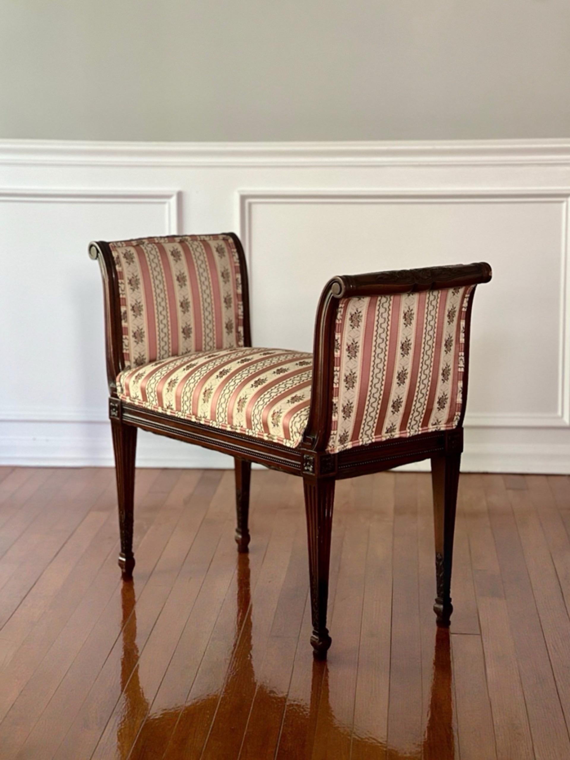 Upholstery French Louis XVI Style Carved Mahogany Upholstered Bench For Sale