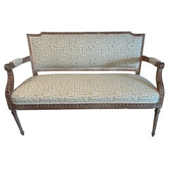 French Louis XVI Style Carved NaturalSettee with Geometric Cut Linen