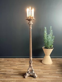 French Louis XVI Style Carved & Painted Wood Torchiere Lamp