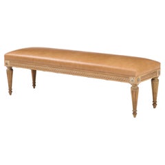 Vintage French Louis XVI Style Carved Pine Bench with Leather Seat