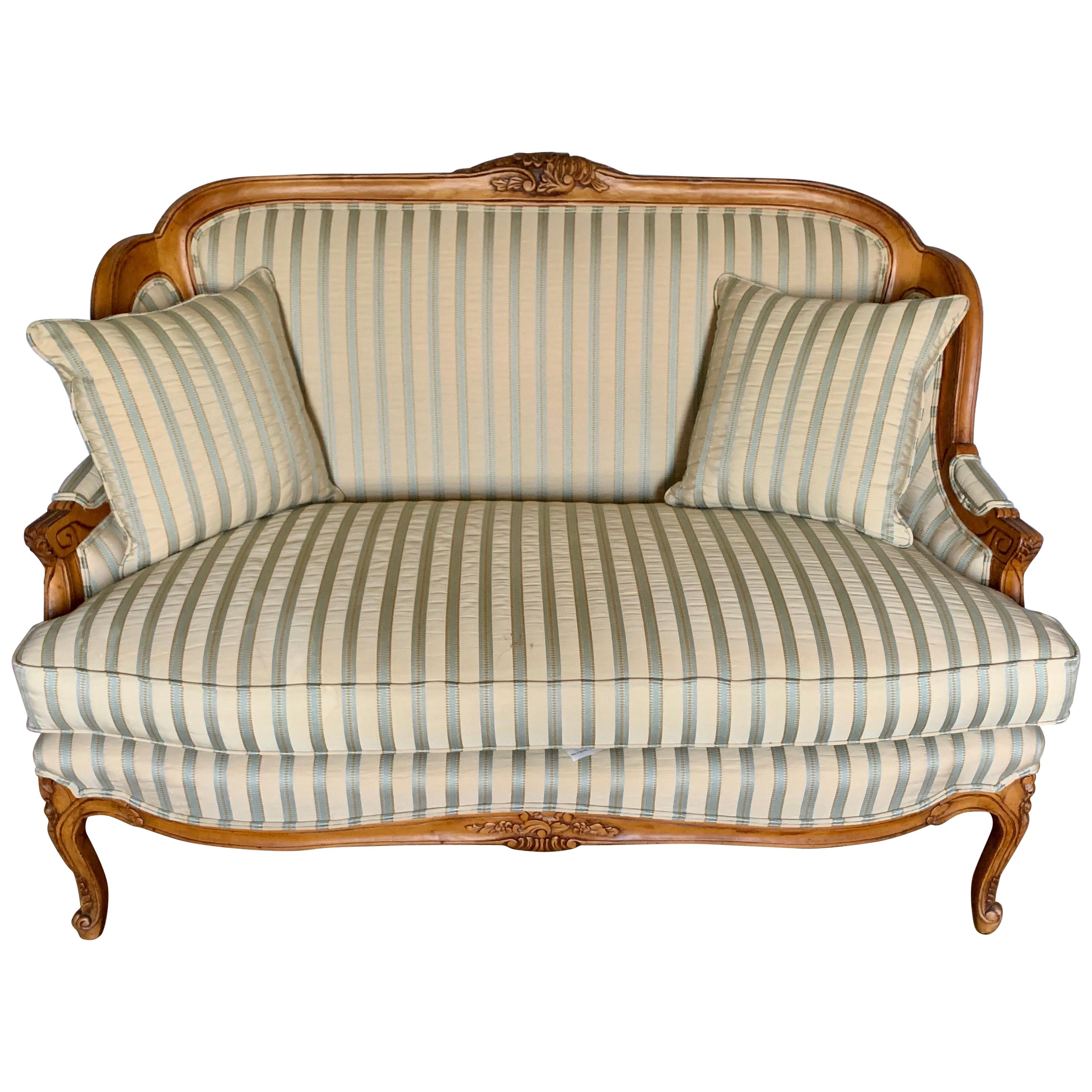 French Louis XVI Style Carved Settee Loveseat with Silk Striped Upholstery