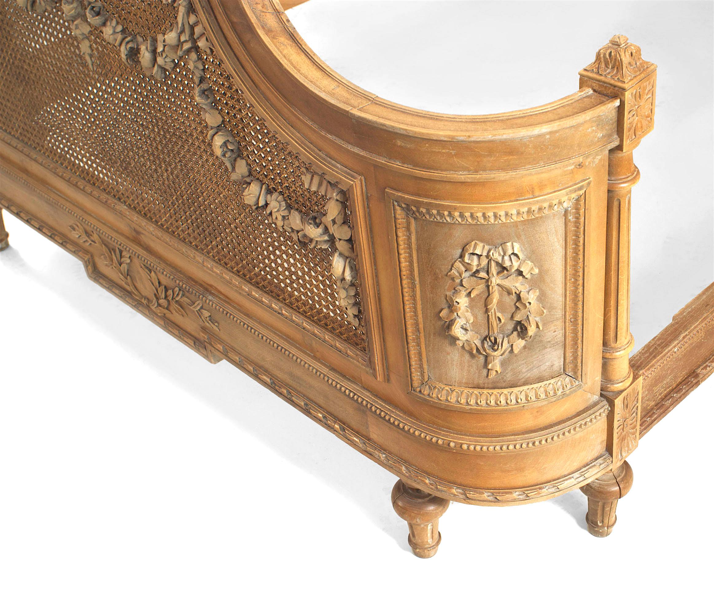 19th Century French Louis XVI Style Carved Walnut and Cane Bed