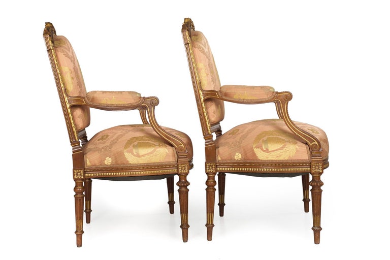 French Louis XVI Style Carved Walnut Antique Arm Chairs For Sale at 1stDibs