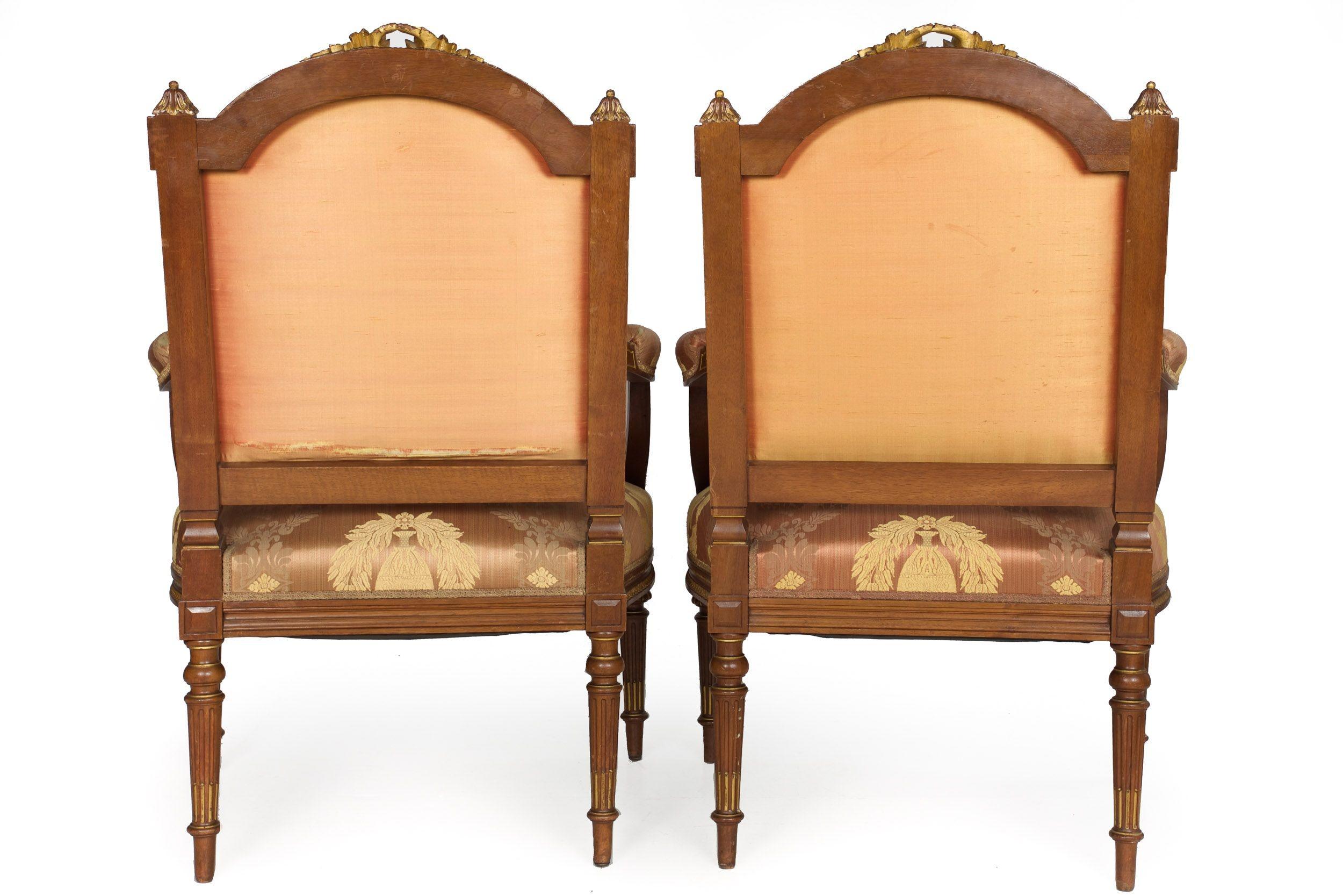 20th Century French Louis XVI Style Carved Walnut Antique Arm Chairs