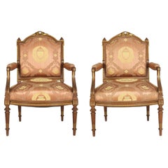 French Louis XVI Style Carved Walnut Antique Arm Chairs