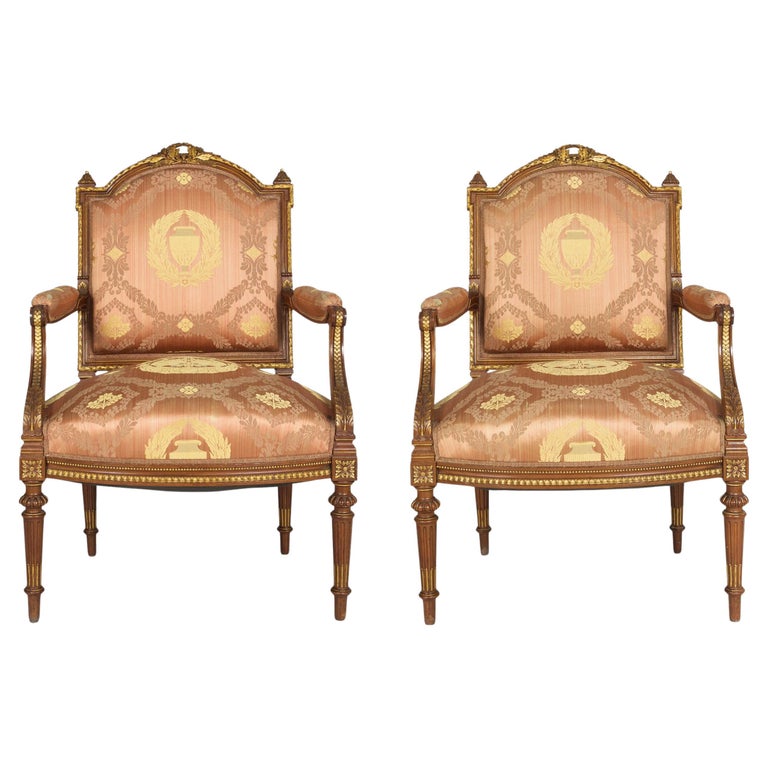 French Louis XVI Style Carved Walnut Antique Arm Chairs For Sale at 1stDibs