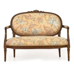 French Louis XVI Style Carved Walnut Antique Settee Sofa with Pair of Armchairs