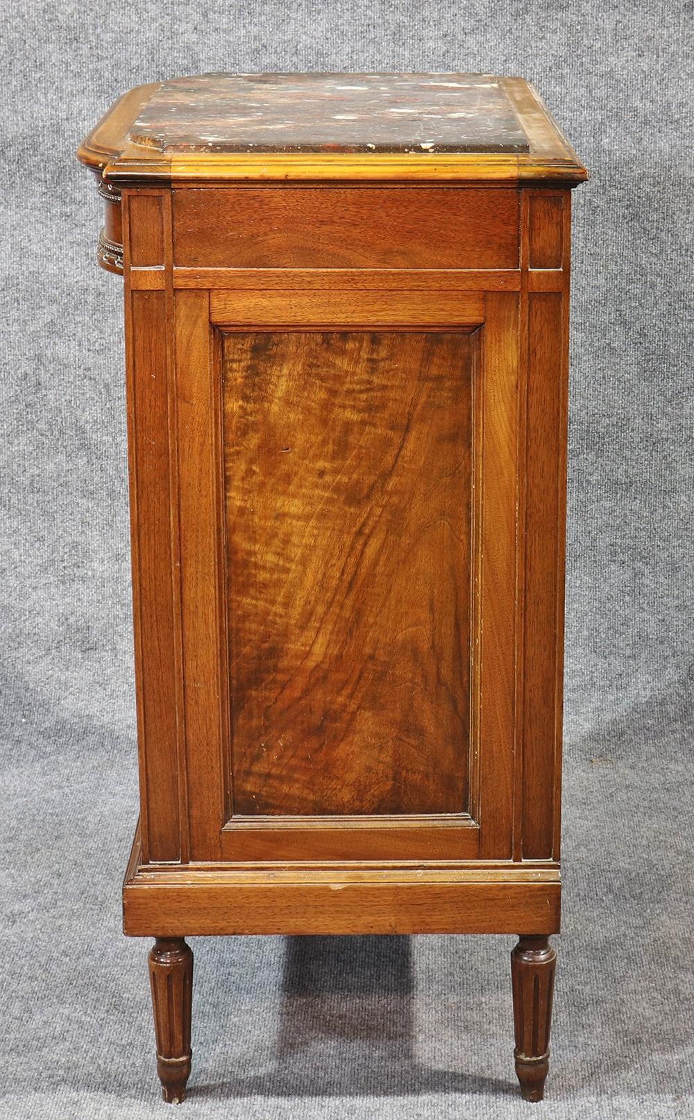 Early 20th Century French Louis XVI Style Carved Walnut Marble Top Nightstand Cabinet
