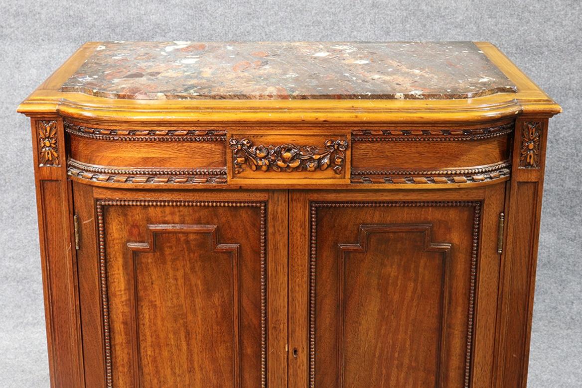 French Louis XVI Style Carved Walnut Marble Top Nightstand Cabinet 3