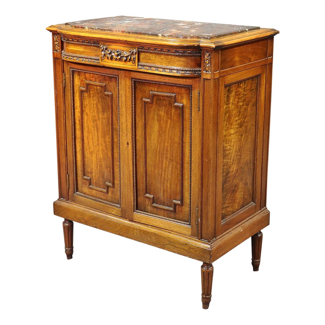 French Louis XVI Style Carved Walnut Marble Top Nightstand Cabinet