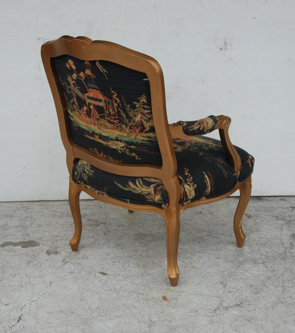 French Bergeres carved wood and chinoiserie print armchair
 
An antique French Louis XVI armchair with a carved and painted frame raised on cabriole legs. Chinoiserie tapestry front, back and seat displaying figures in landscape scenes.

  