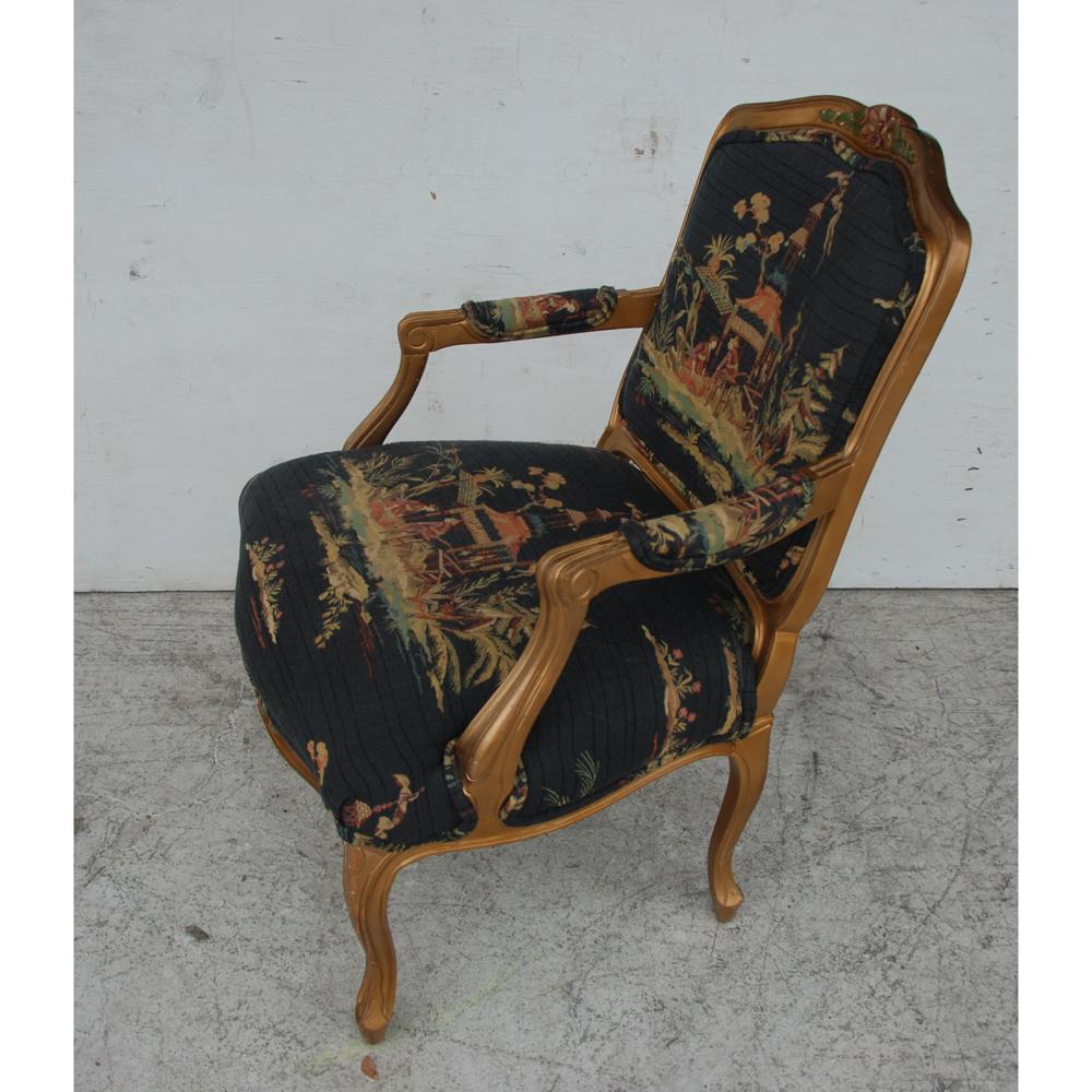 European French Louis XVI Style Carved Wood and Chinoiserie Print Armchair