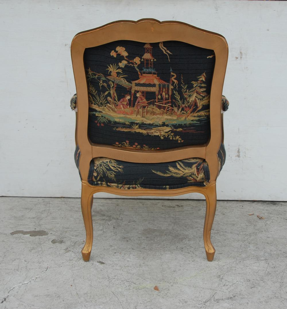 French Louis XVI Style Carved Wood and Chinoiserie Print Armchair 1