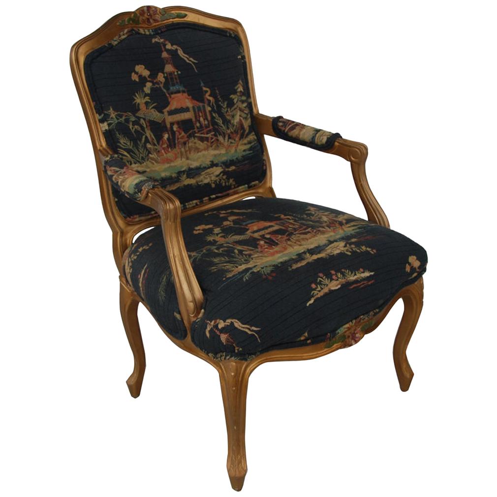 French Louis XVI Style Carved Wood and Chinoiserie Print Armchair