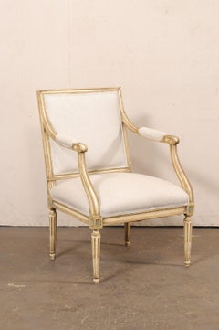 French Louis XVI Style Carved-Wood Armchair, Custom Upholstered in Belgian Linen