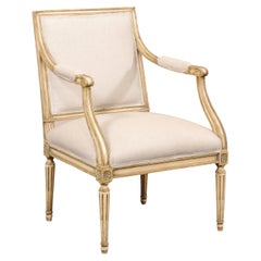 French Louis XVI Style Carved-Wood Armchair, Custom Upholstered in Belgian Linen