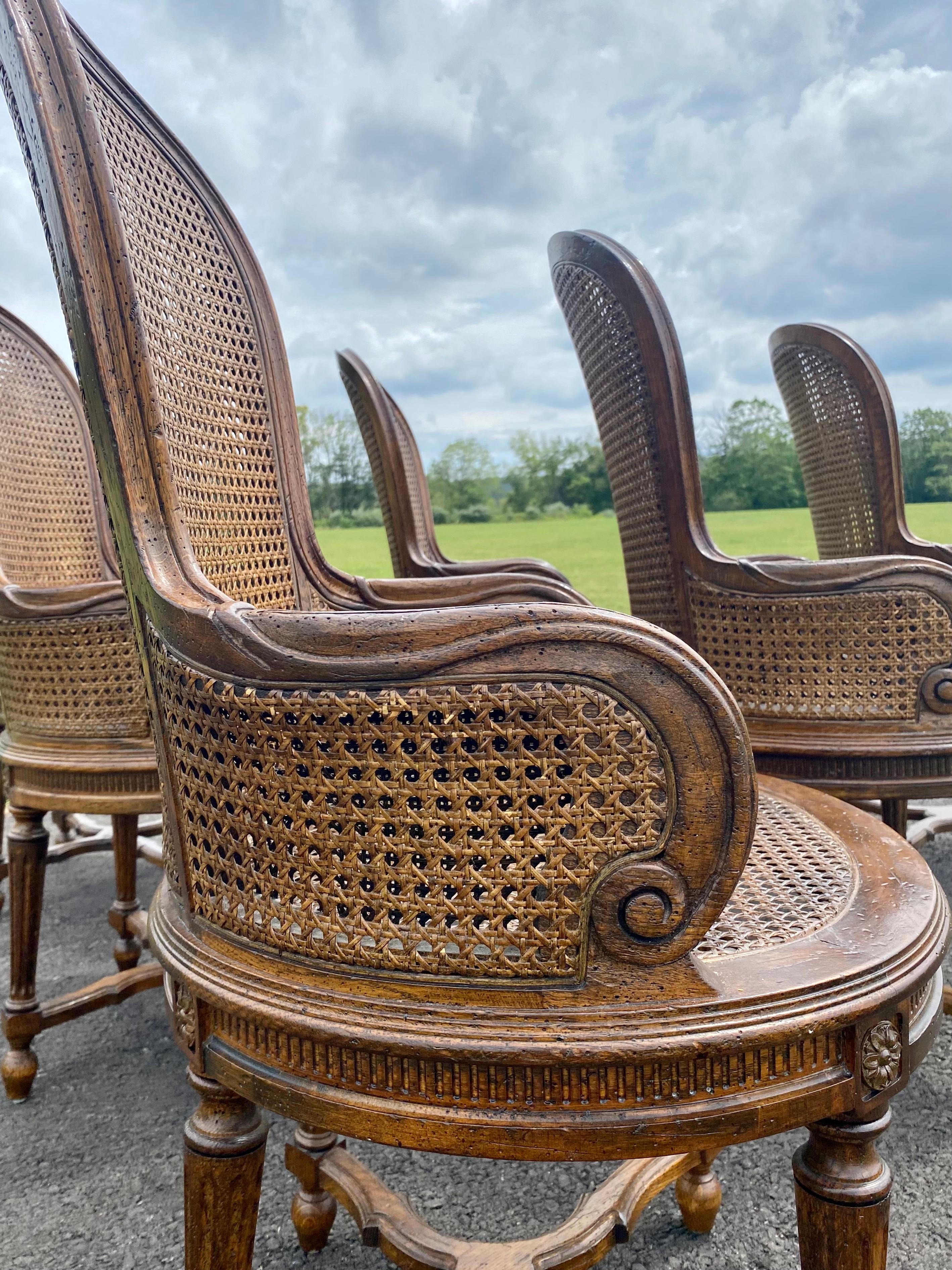 French Louis XVI Style Carved Wood & Cane Balloon Dining Arm Chairs, Set of 6 5